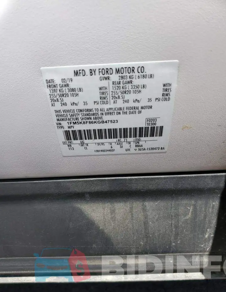 1FM5K8F86KGB47523 Photo# 10