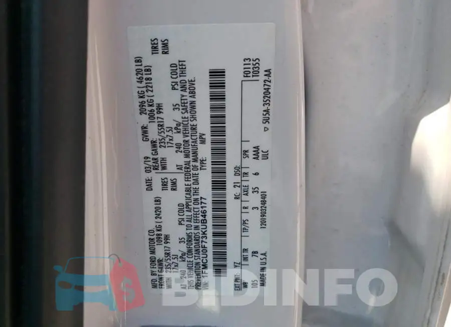 1FMCU0F73KUB46177 Photo# 10