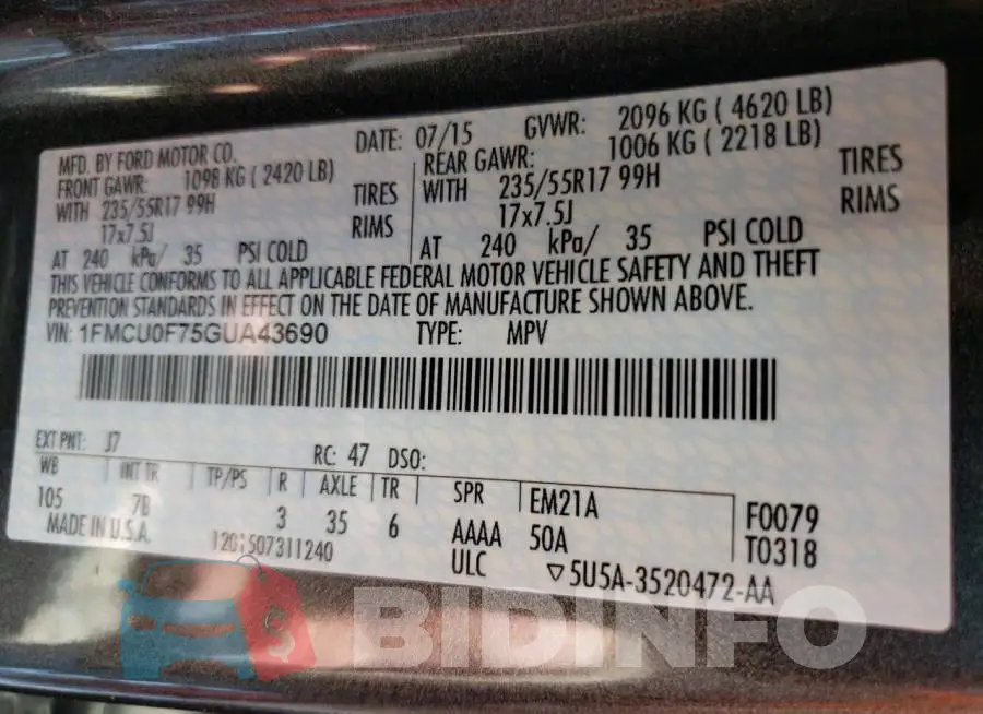 1FMCU0F75GUA43690 Photo# 10