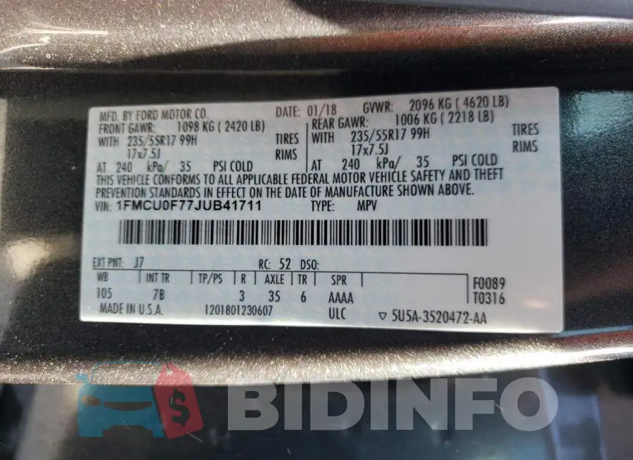 1FMCU0F77JUB41711 Photo# 10