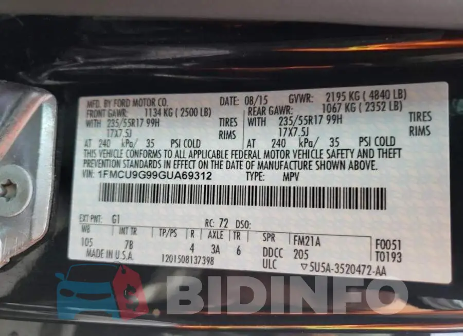 1FMCU9G99GUA69312 Photo# 10
