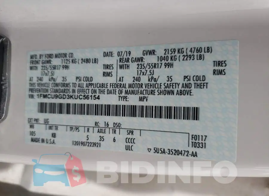 1FMCU9GD3KUC56154 Photo# 10