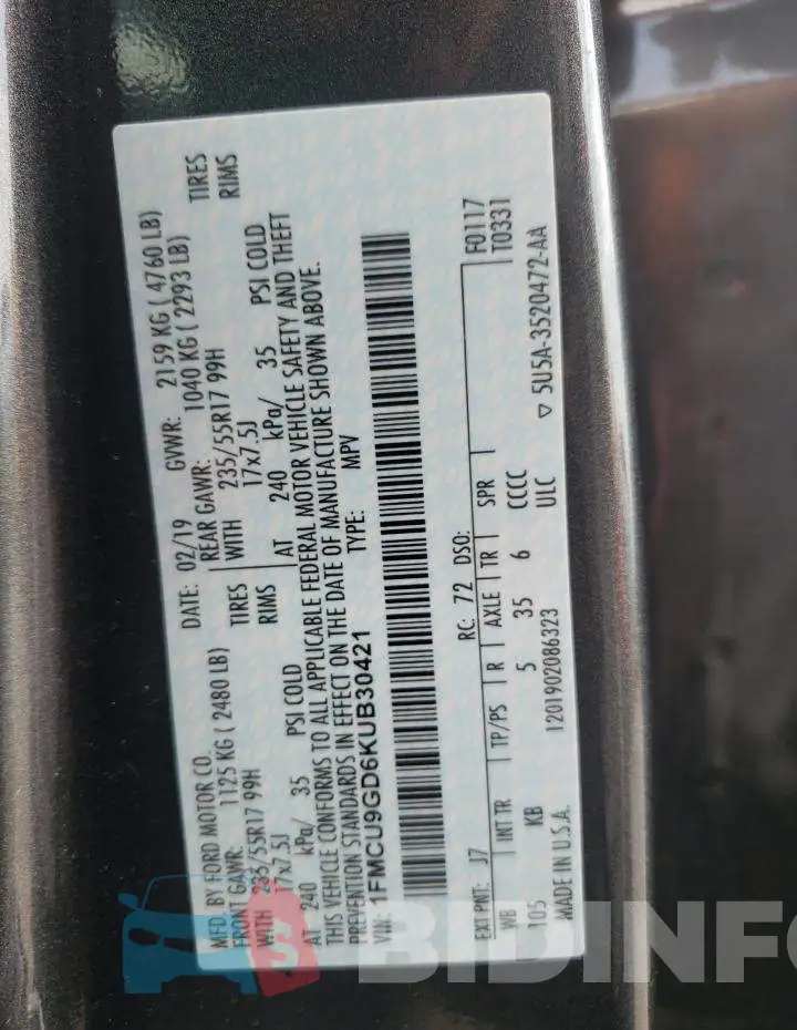 1FMCU9GD6KUB30421 Photo# 10
