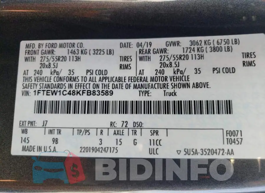 1FTEW1C48KFB83589 Photo# 10