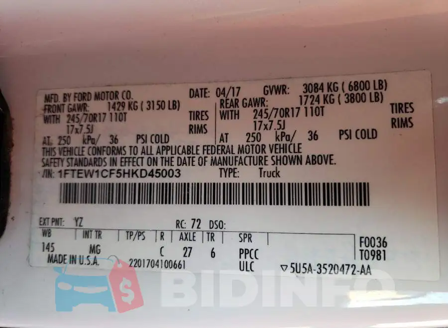 1FTEW1CF5HKD45003 Photo# 10