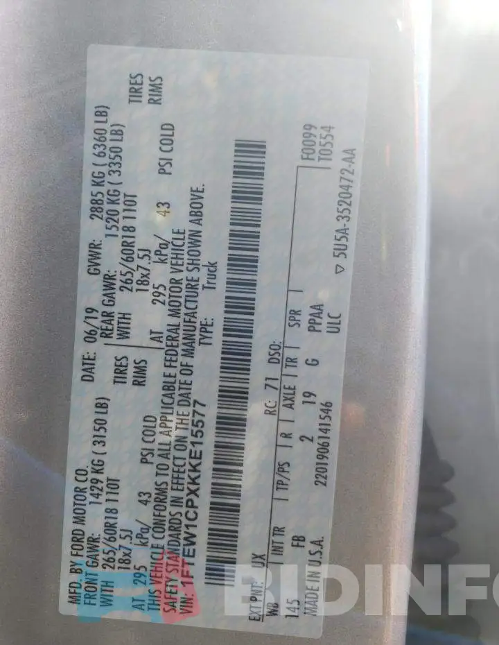 1FTEW1CPXKKE15577 Photo# 10