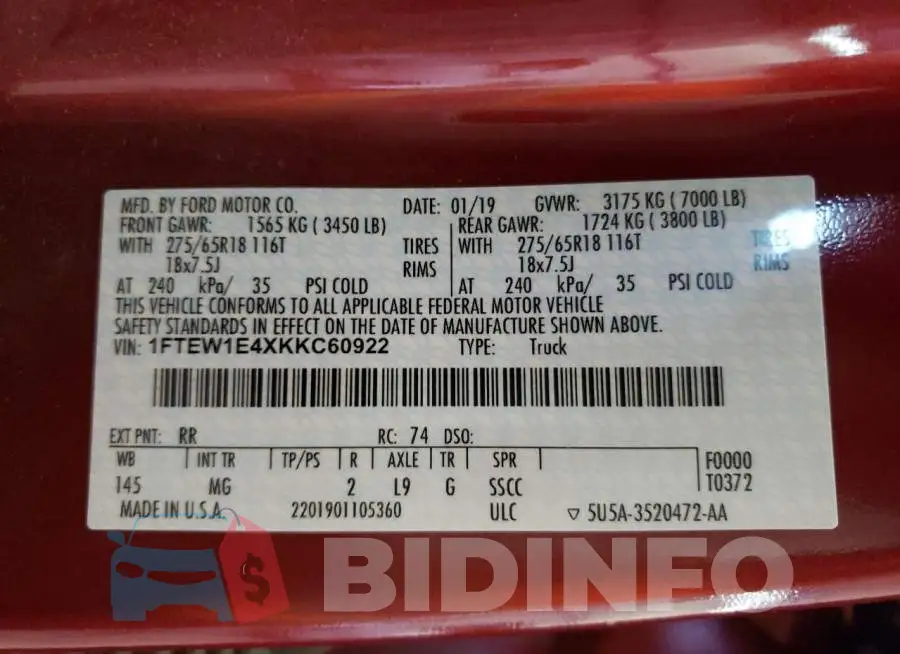 1FTEW1E4XKKC60922 Photo# 10