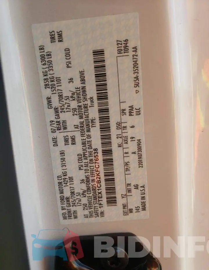 1FTEX1CB2KFC76538 Photo# 10