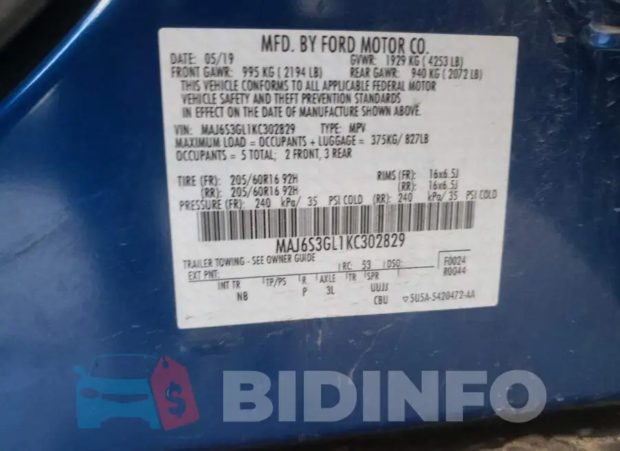 MAJ6S3GL1KC302829 Photo# 10