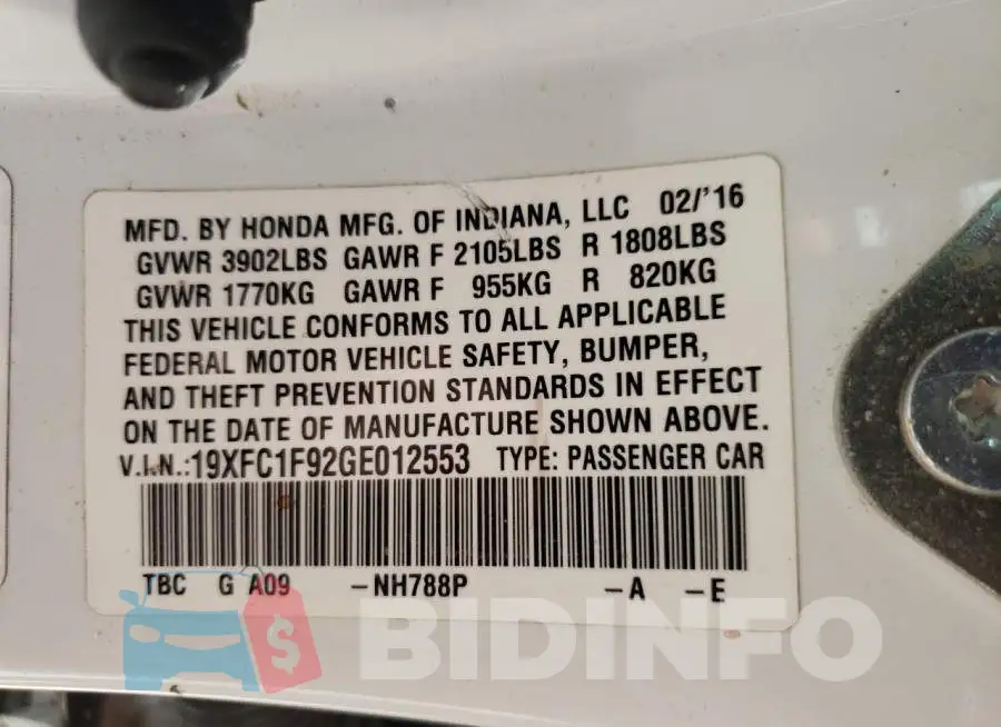 19XFC1F92GE012553 Photo# 10