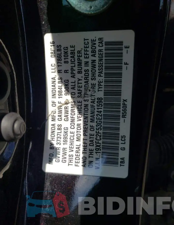 19XFC2F53GE241598 Photo# 10
