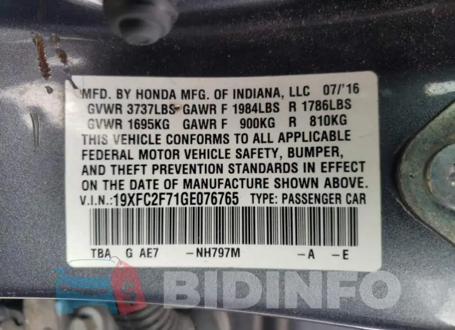 19XFC2F71GE076765 Photo# 10