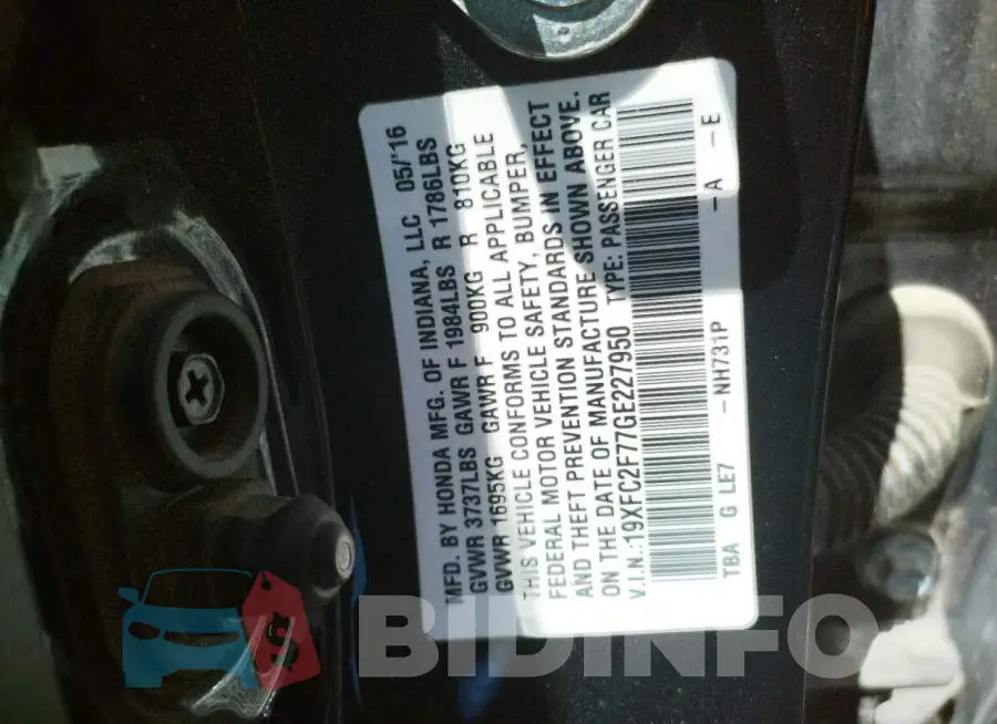 19XFC2F77GE227950 Photo# 10