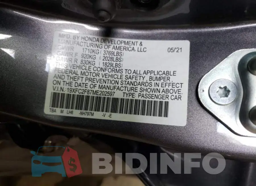 19XFC2F87ME202597 Photo# 10