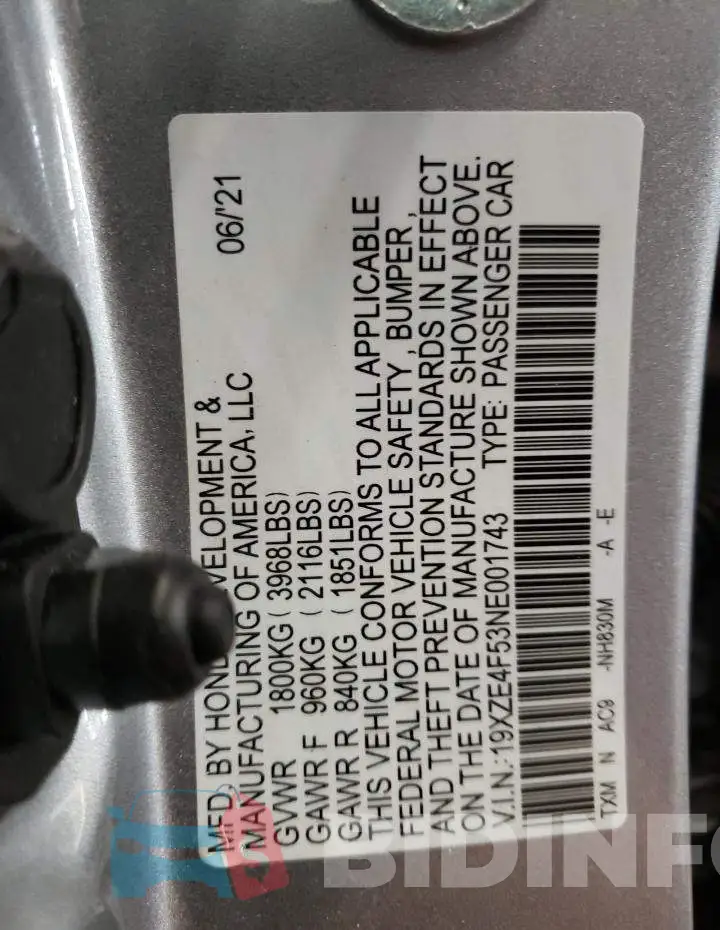19XZE4F53NE001743 Photo# 10