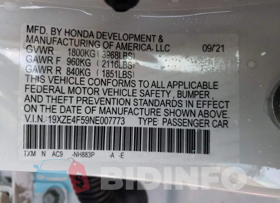 19XZE4F59NE007773 Photo# 10