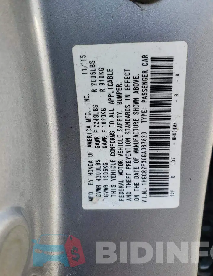 1HGCR2F30GA067820 Photo# 10