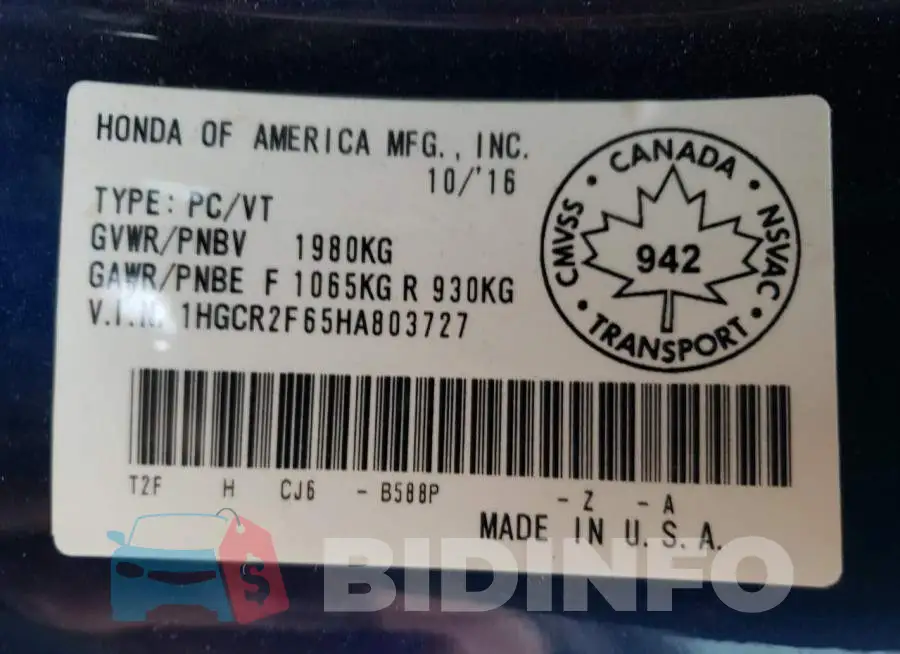 1HGCR2F65HA803727 Photo# 10