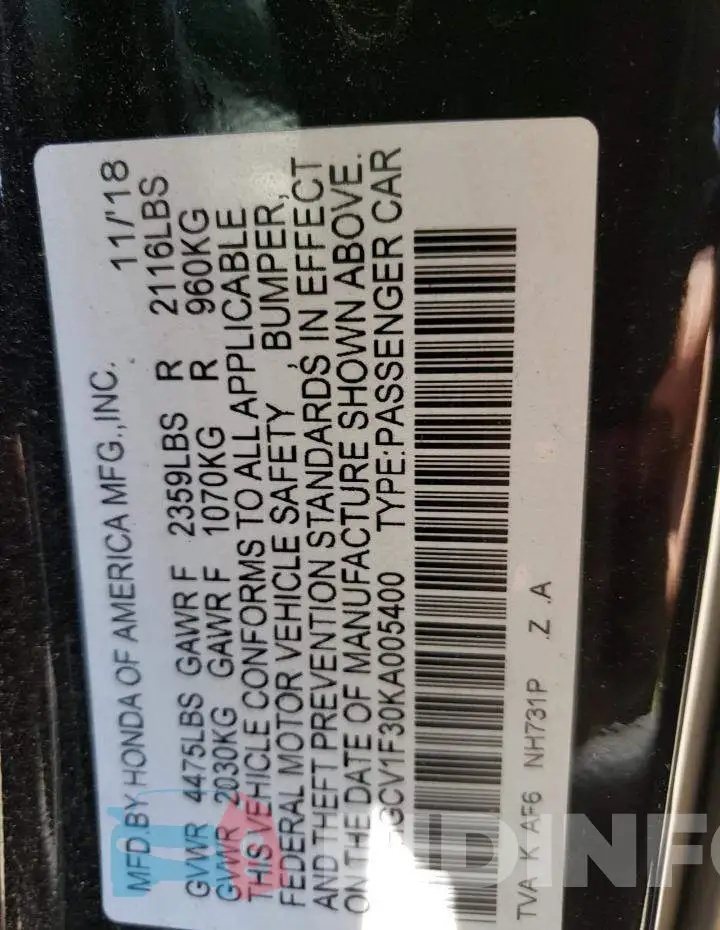 1HGCV1F30KA005400 Photo# 10
