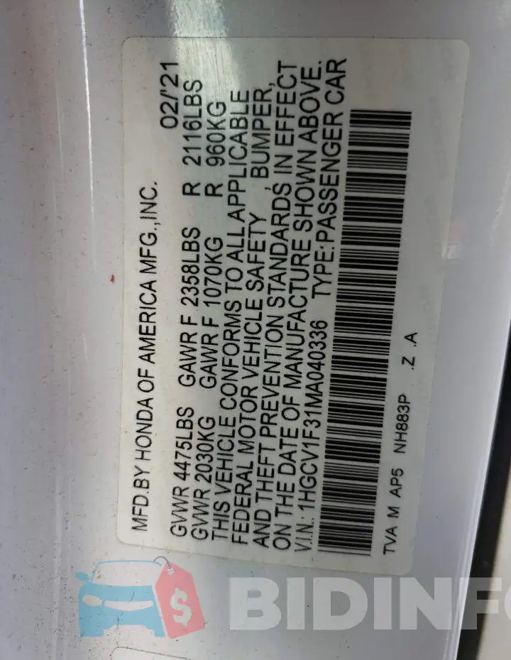 1HGCV1F31MA040336 Photo# 10
