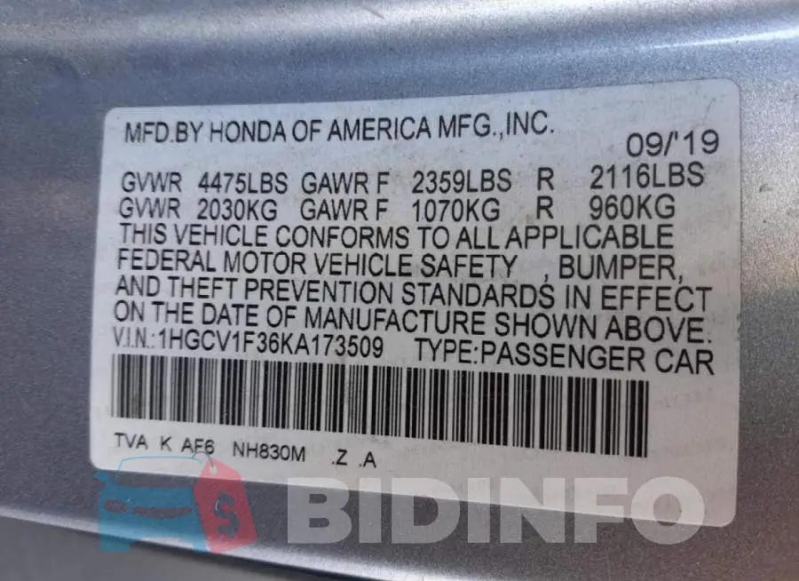 1HGCV1F36KA173509 Photo# 10