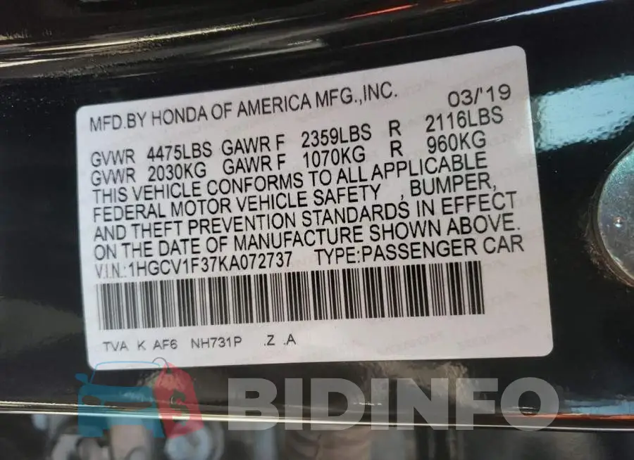 1HGCV1F37KA072737 Photo# 10
