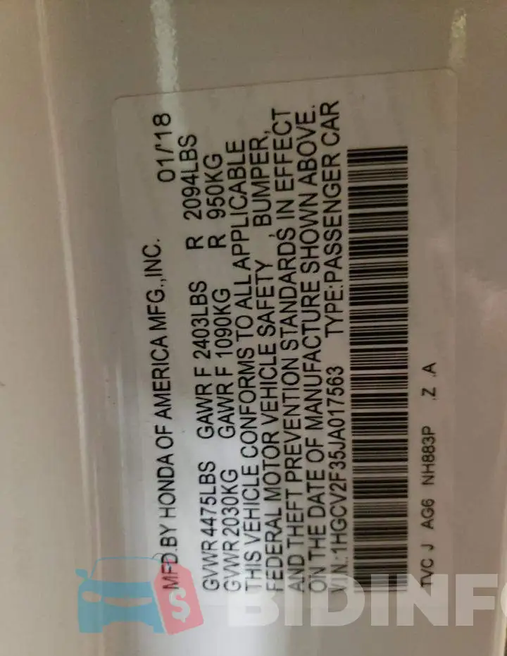 1HGCV2F35JA017563 Photo# 10