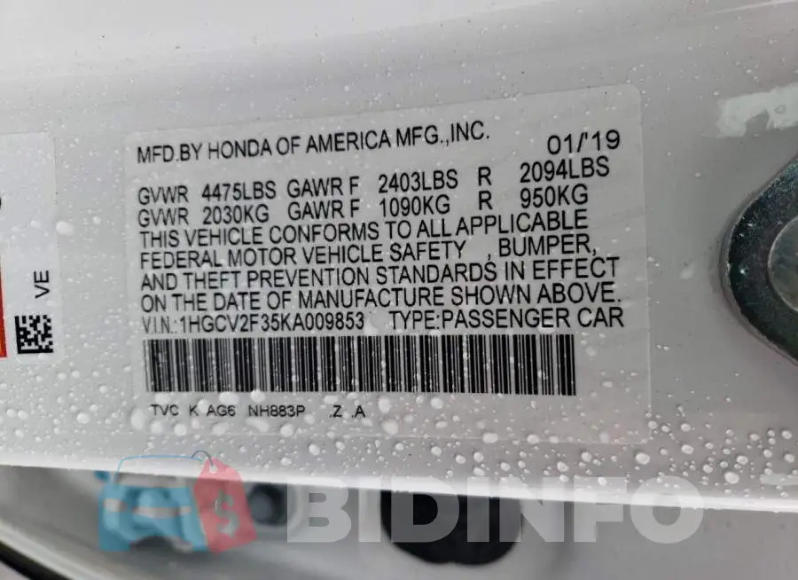 1HGCV2F35KA009853 Photo# 10