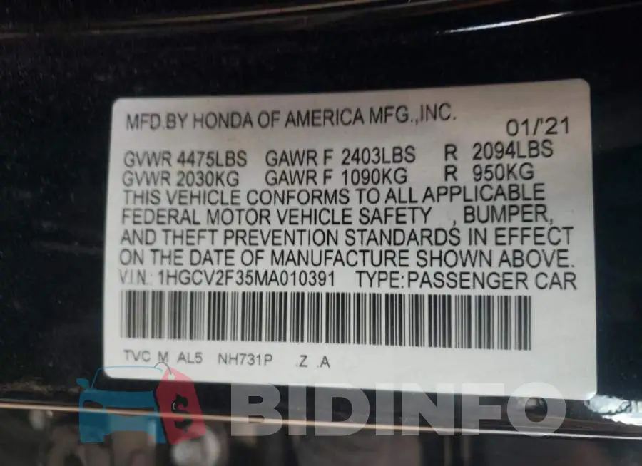 1HGCV2F35MA010391 Photo# 10