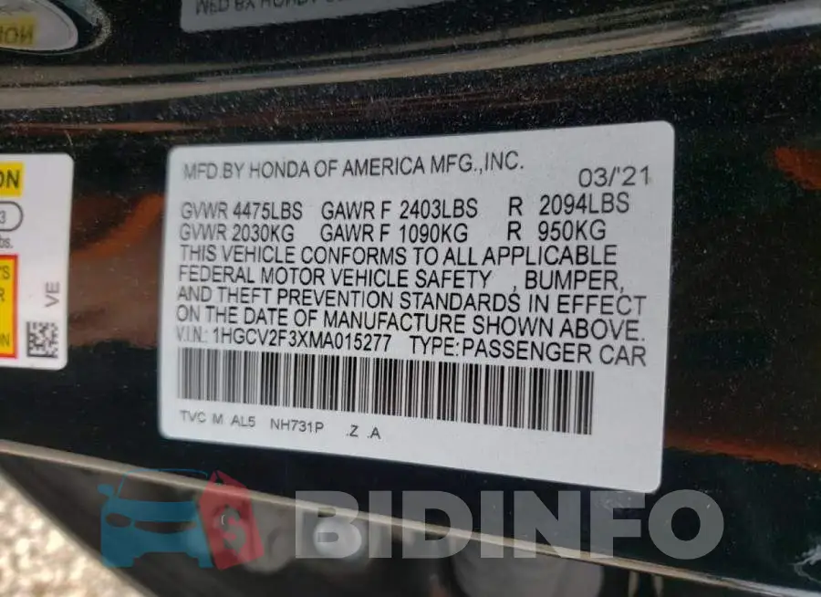 1HGCV2F3XMA015277 Photo# 10