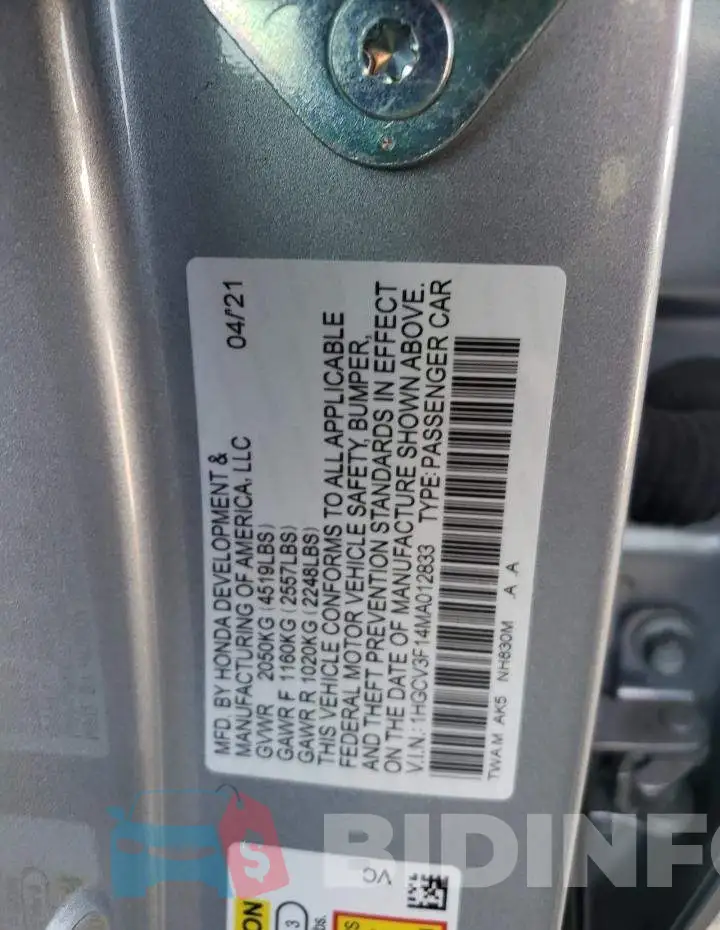 1HGCV3F14MA012833 Photo# 10