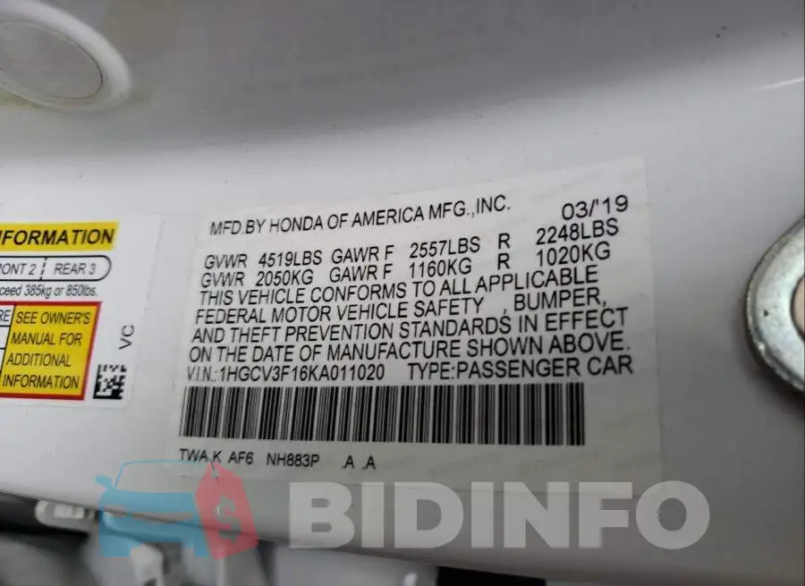 1HGCV3F16KA011020 Photo# 10