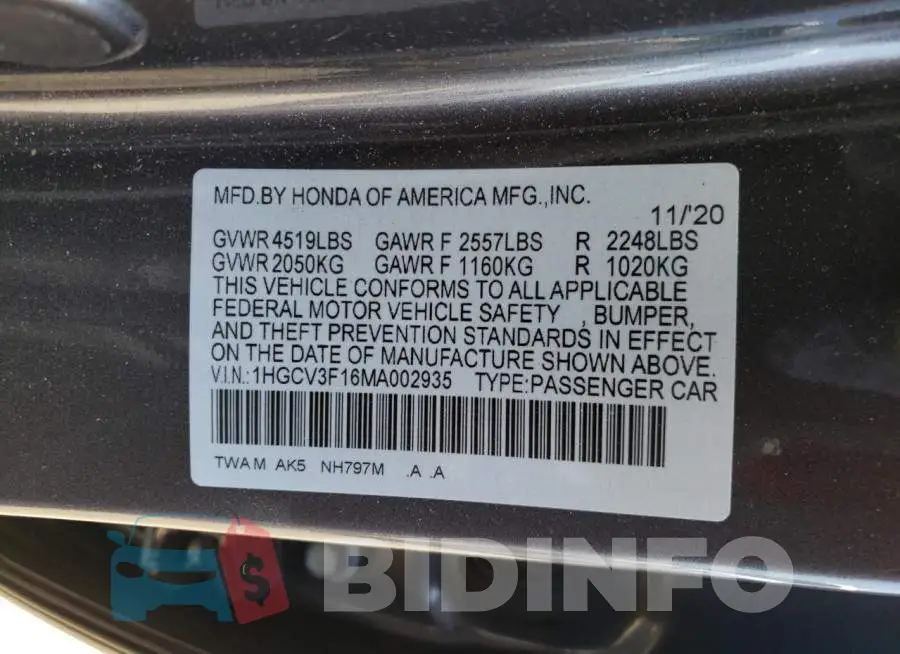 1HGCV3F16MA002935 Photo# 10