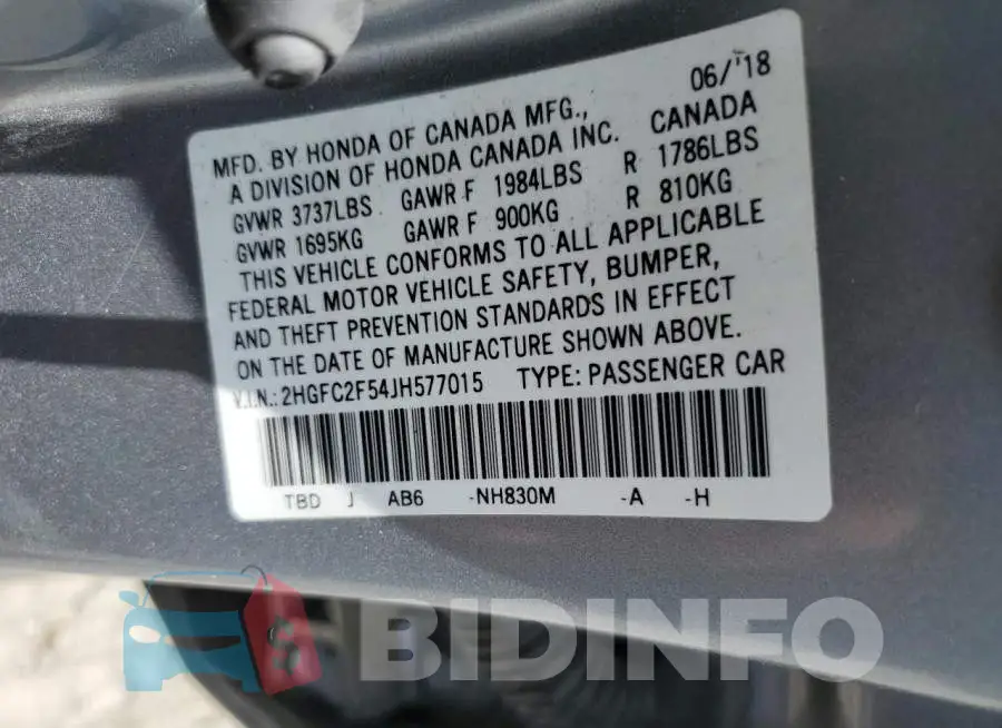 2HGFC2F54JH577015 Photo# 10