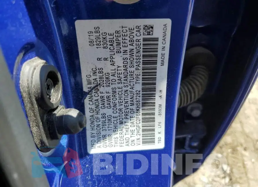 2HGFC2F68KH587282 Photo# 10