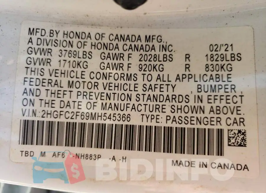 2HGFC2F69MH545366 Photo# 10