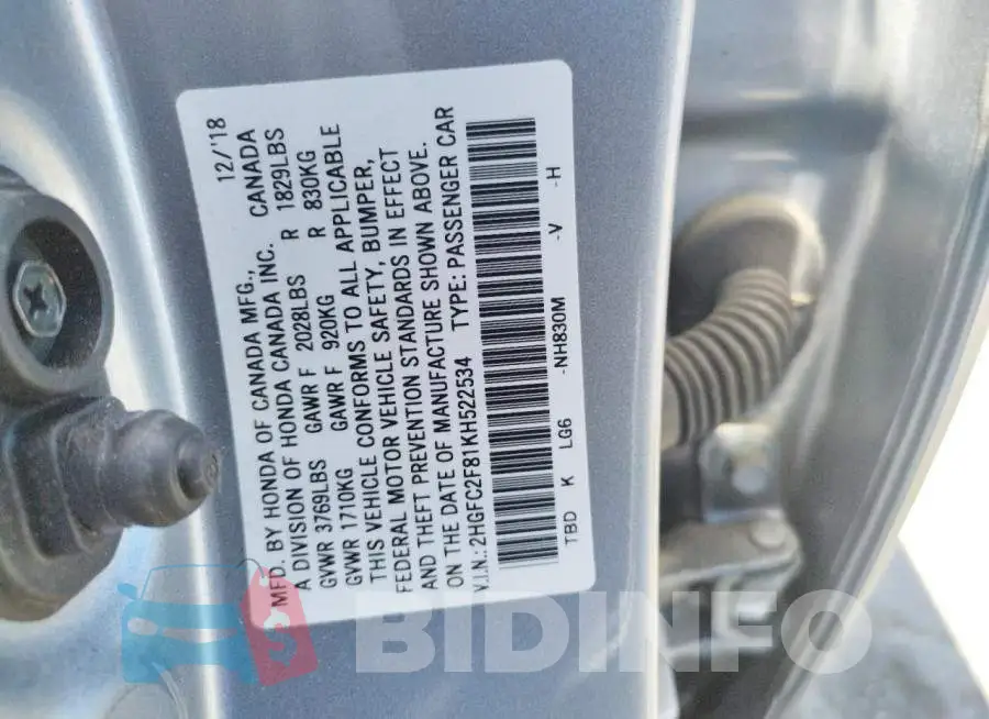 2HGFC2F81KH522534 Photo# 10
