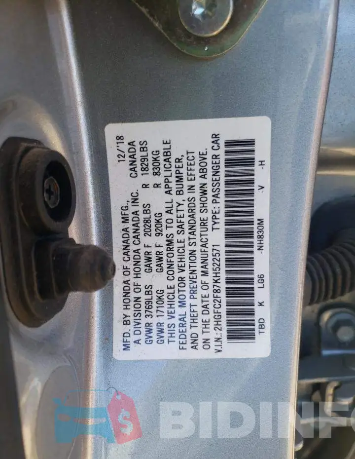 2HGFC2F87KH522571 Photo# 10
