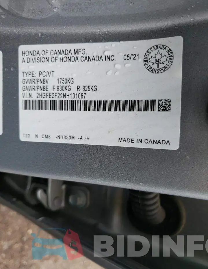 2HGFE2F29NH101087 Photo# 10