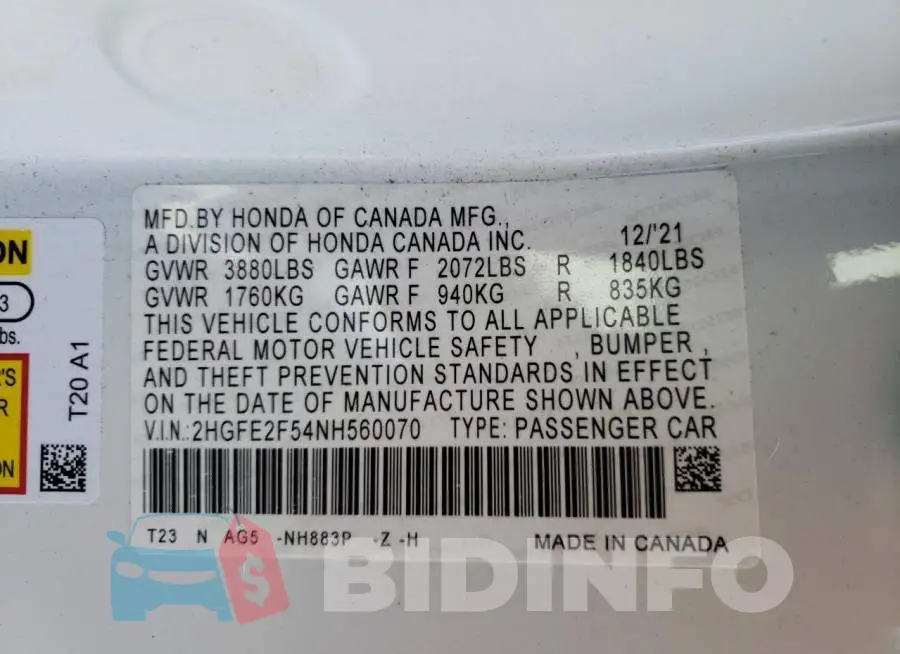 2HGFE2F54NH560070 Photo# 10