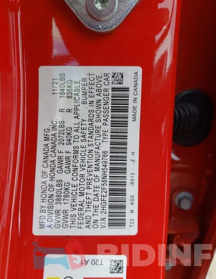 2HGFE2F58NH549766 Photo# 10