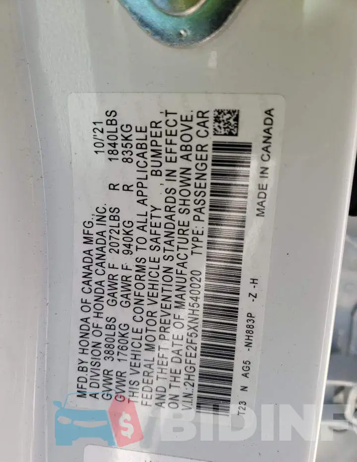 2HGFE2F5XNH540020 Photo# 10