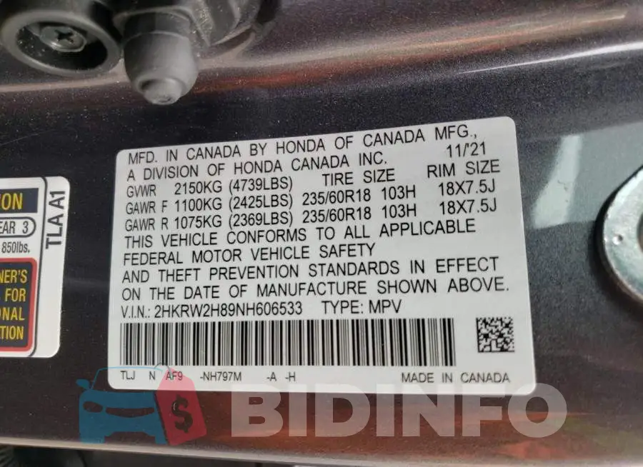 2HKRW2H89NH606533 Photo# 10