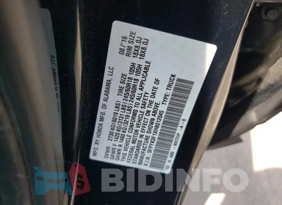 5FPYK3F1XHB012045 Photo# 10
