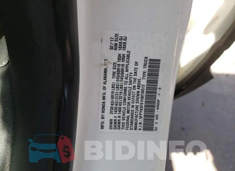 5FPYK3F61HB030512 Photo# 10
