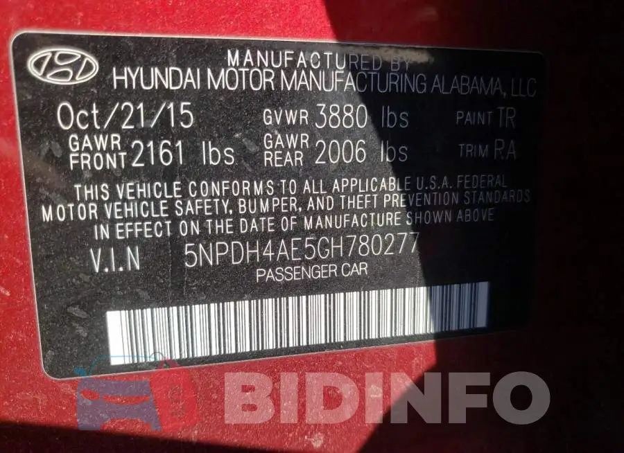 5NPDH4AE5GH780277 Photo# 10