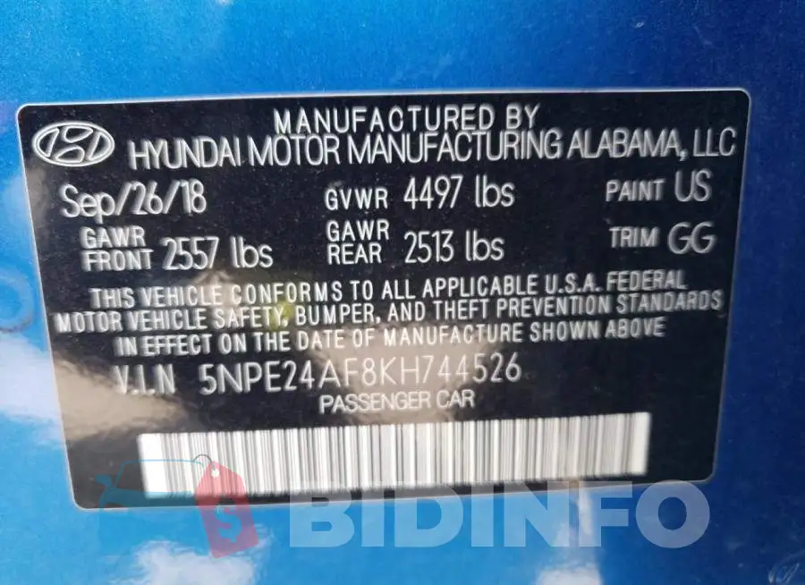 5NPE24AF8KH744526 Photo# 10