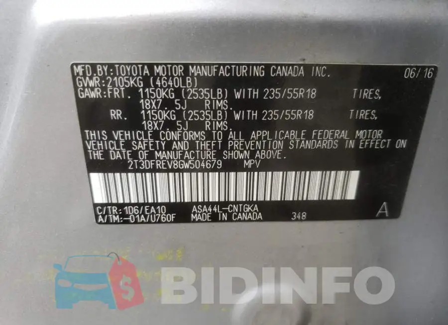 2T3DFREV8GW504679 Photo# 10