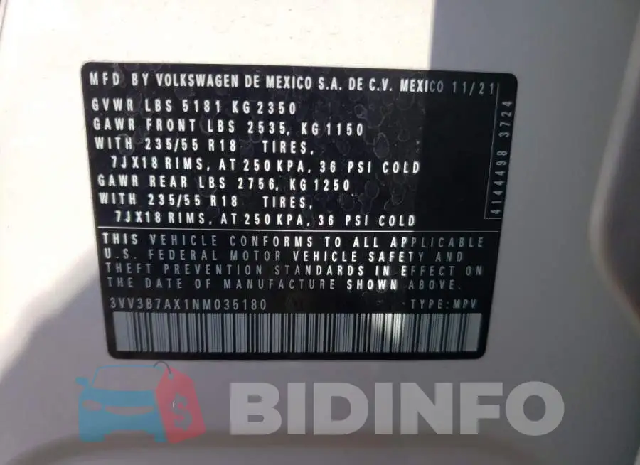 3VV3B7AX1NM035180 Photo# 10