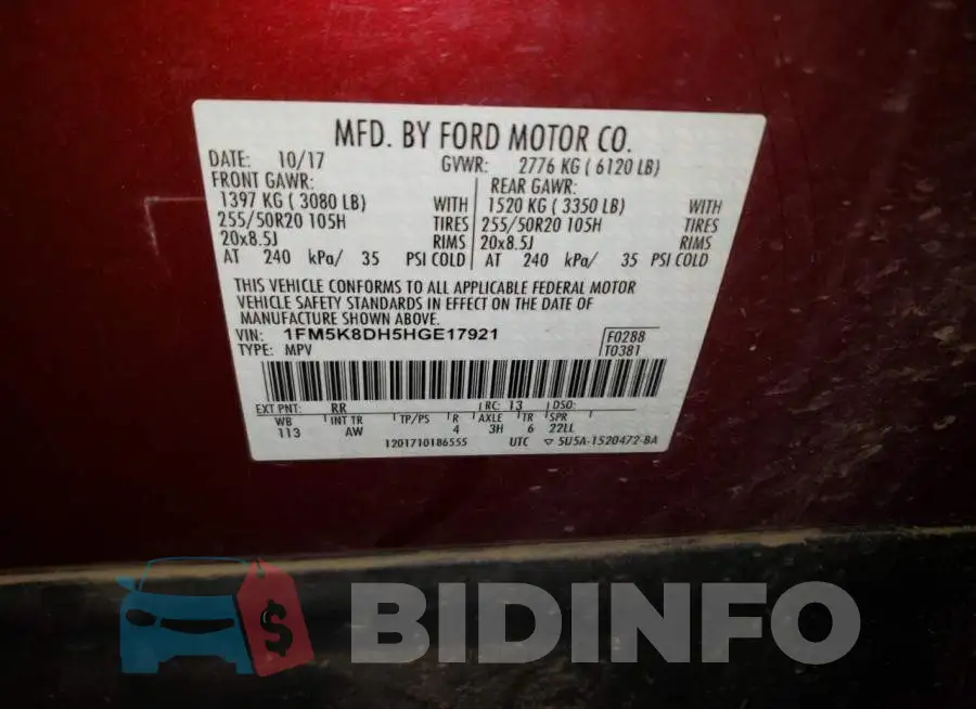 1FM5K8DH5HGE17921 Photo# 10